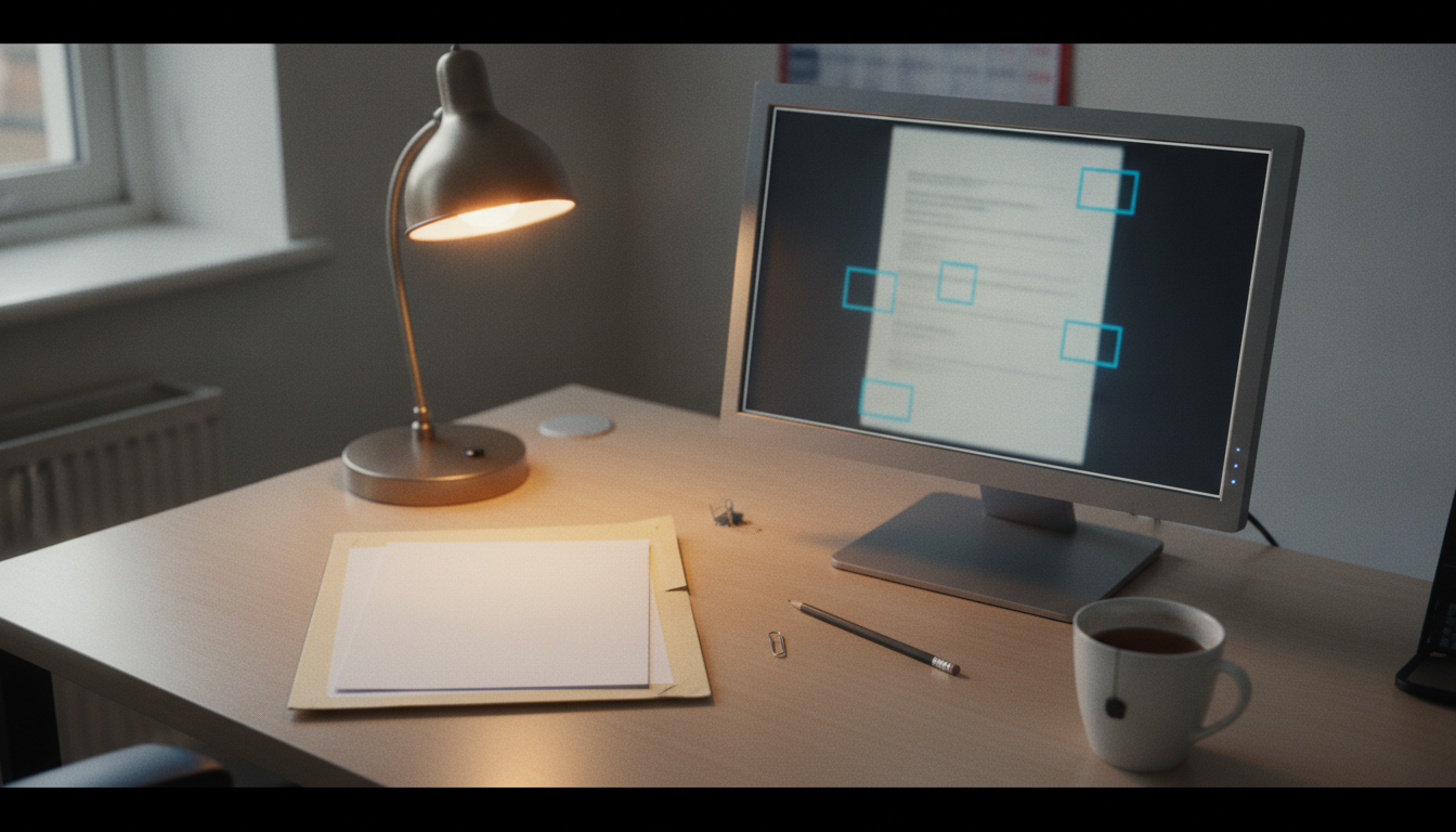 A paper document and a screen side by side on a desk