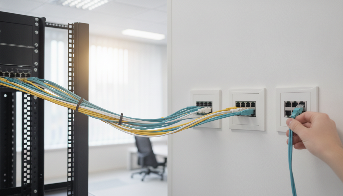 Patch cables running from a server rack to three network wall ports