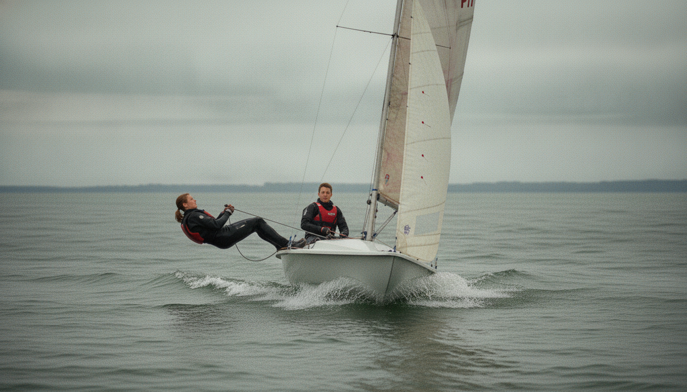Helm and crew working a two-handed dinghy through a tack, low water-level angle