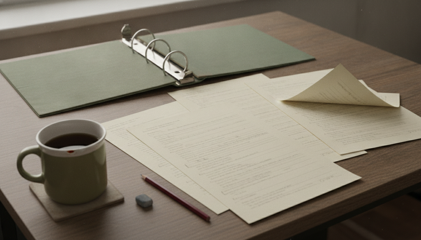 A teacher's desk covered in successive drafts of a teaching plan