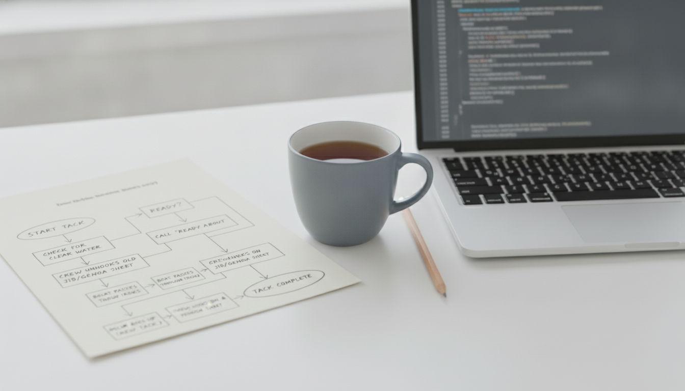 A printed project plan on a desk beside a laptop showing its source code