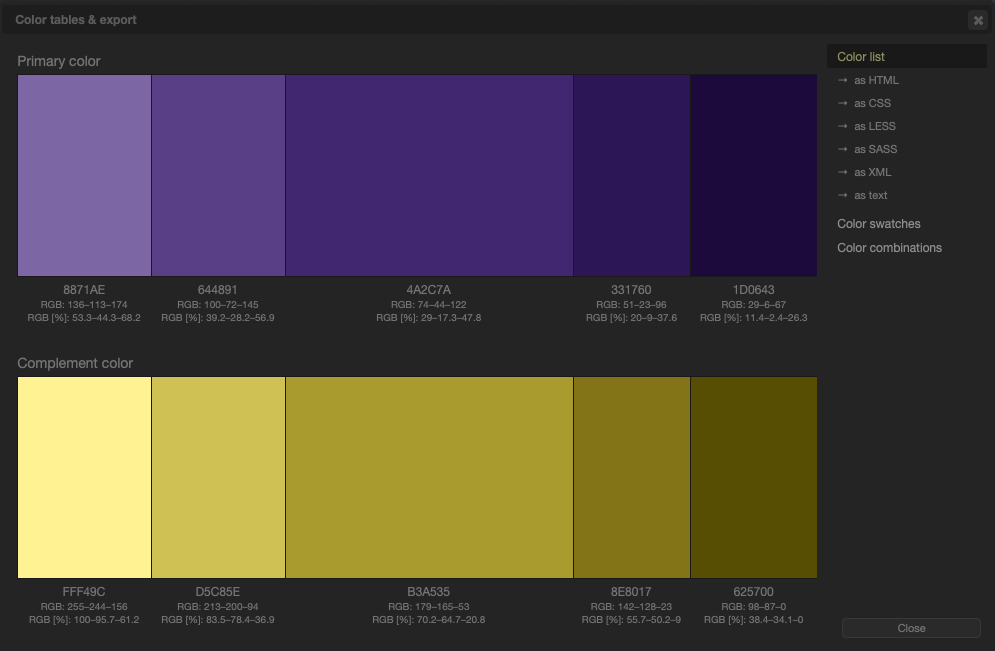 The Paletton colour list showing five purple shades and five yellow-gold shades with their hex codes and RGB values