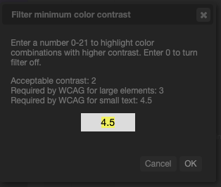The dialog for filtering colour combinations by minimum contrast, listing 4.5 as the WCAG requirement for small text and 3 for large elements