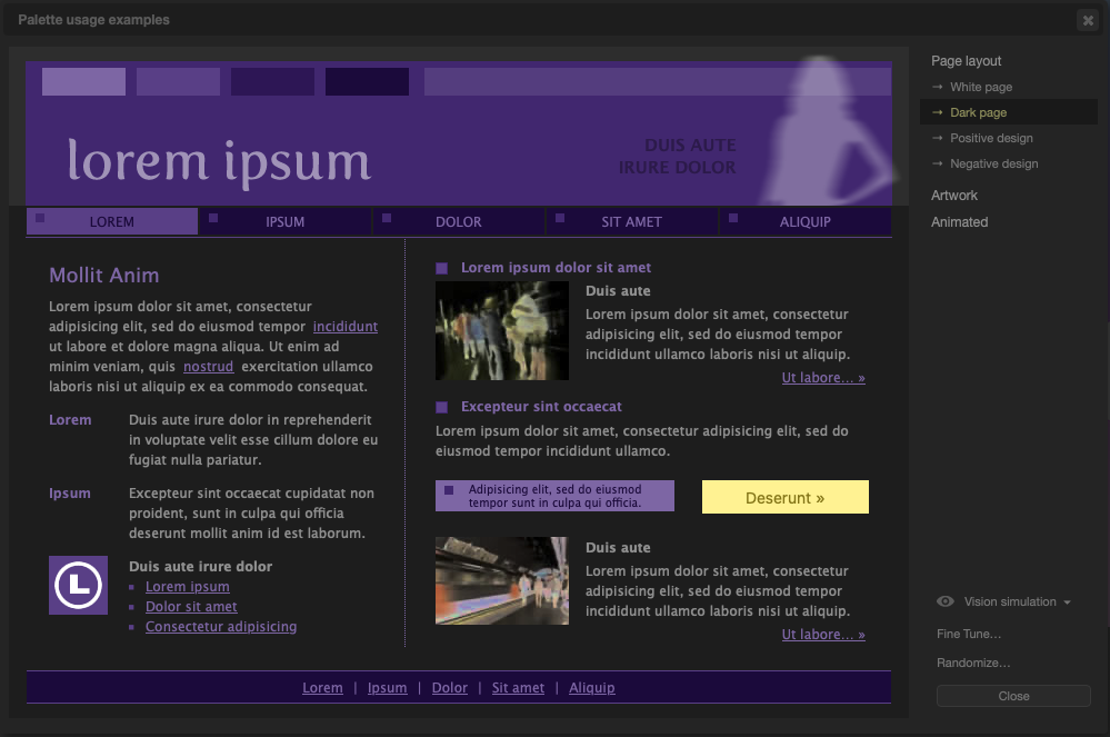 The same example page on a dark background, with light purple text and a pale gold call-to-action button