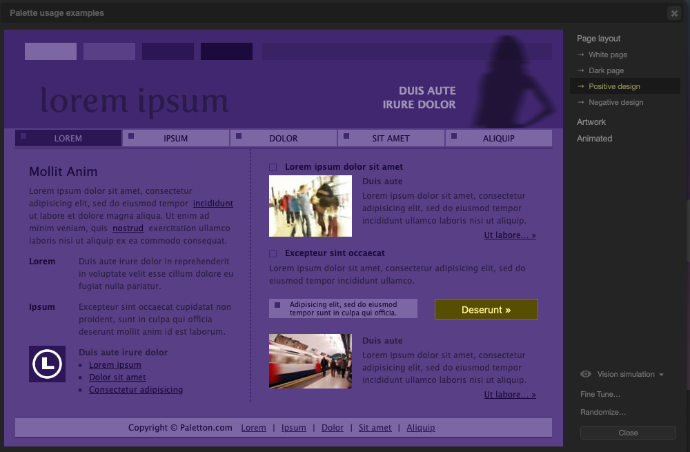 The example page filled with the main purple, with the darker shades used for text and the gold for the button