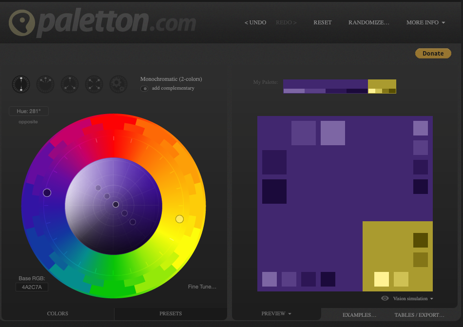 The Paletton colour wheel in monochromatic mode with the complementary toggle on, showing a purple base colour and its yellow-gold complement