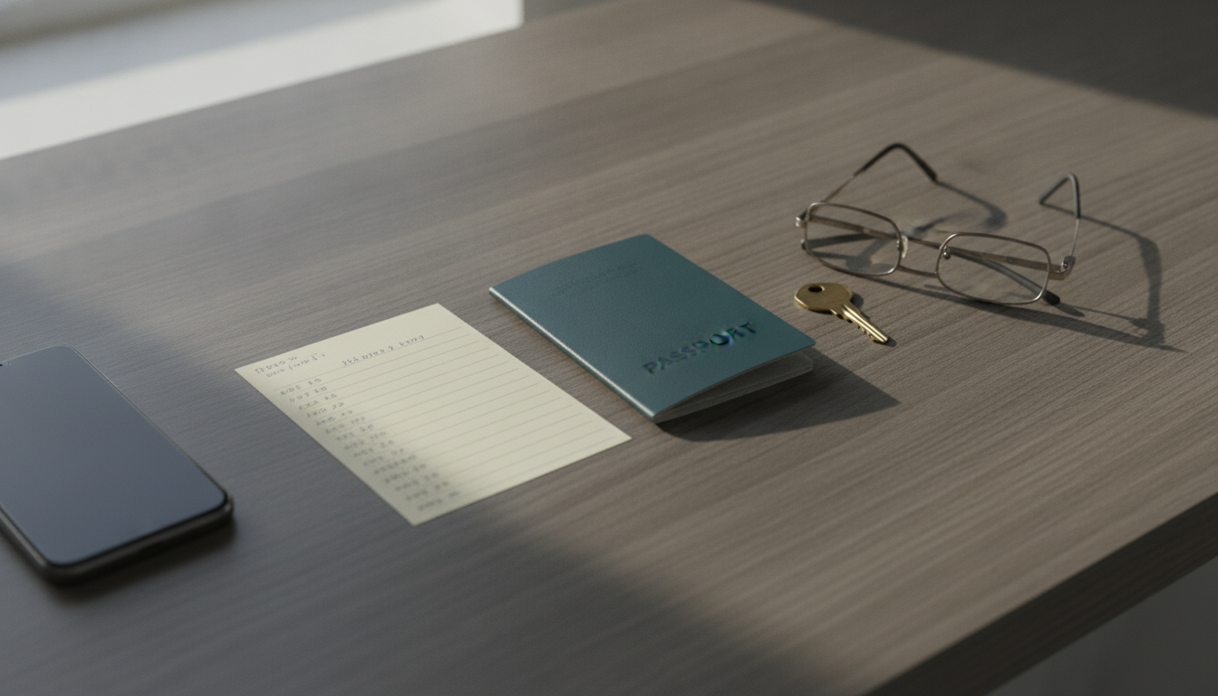 A handwritten card with a long number, tucked into a passport wallet beside a house key