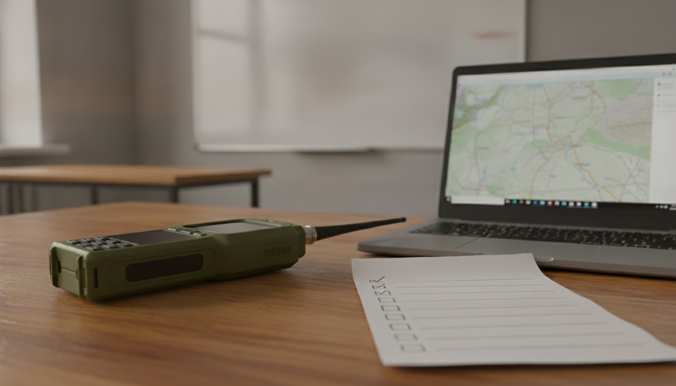 A satellite phone resting on a training-room desk beside a laptop and a handwritten checklist