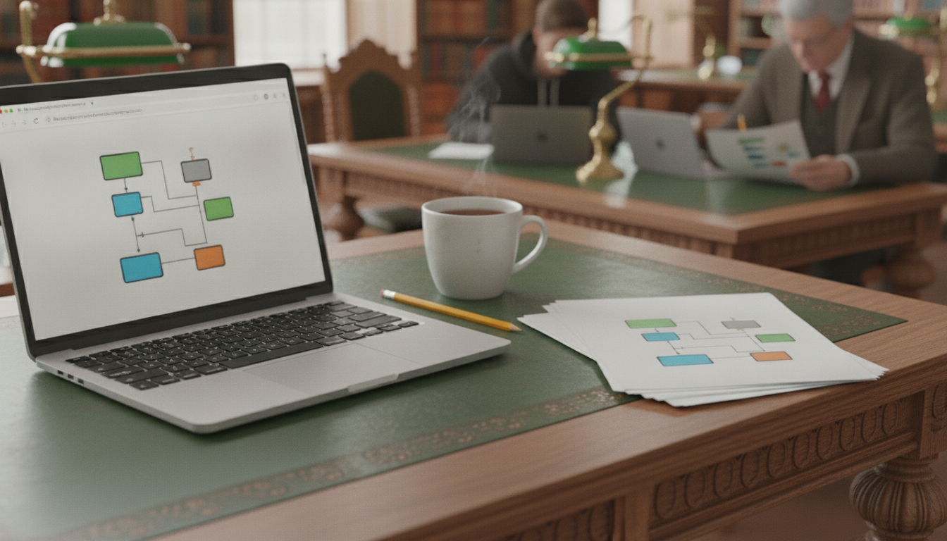 A laptop and a stack of printed pages showing the same diagram on a Victorian library table, with one reader on a laptop and another marking up a printout in the background