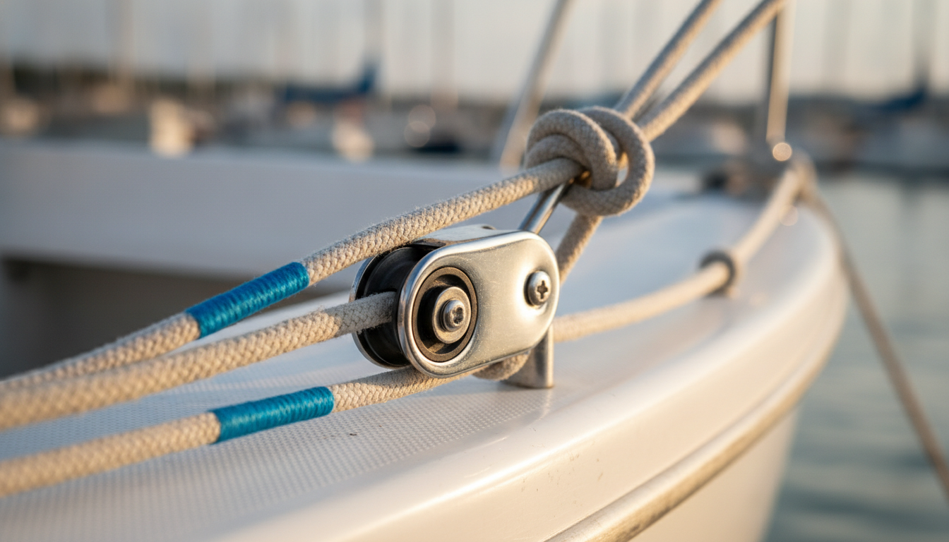 Close-up of a stainless pulley block, a knot and whipped rope ends on a dinghy's white hull