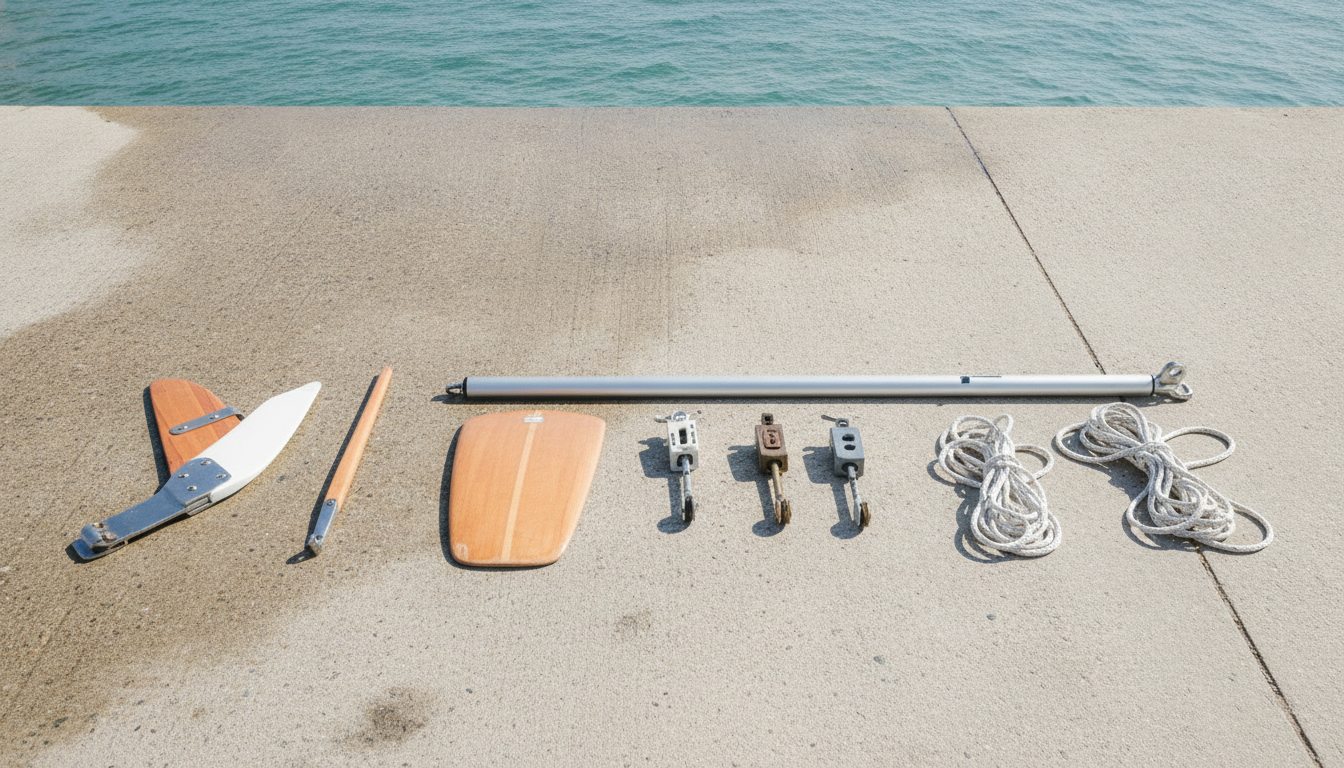 Dinghy parts laid out in a row on a slipway: rudder, tiller, centreboard, boom, blocks and coiled sheets