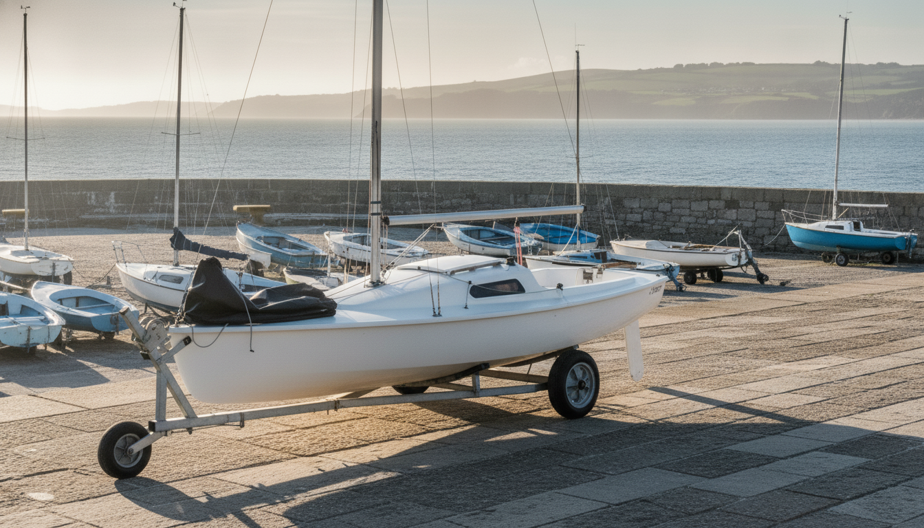 A white sailing dinghy on its launching trolley on a sunny harbour quayside, with the sea and hills behind