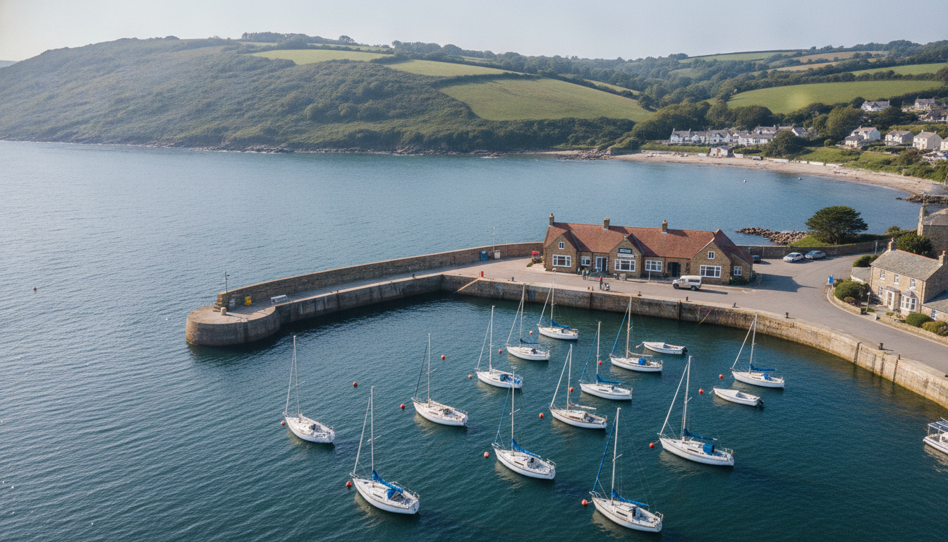 Aerial view of a small British harbour with white sailing boats on moorings beside a stone quay and harbour office
